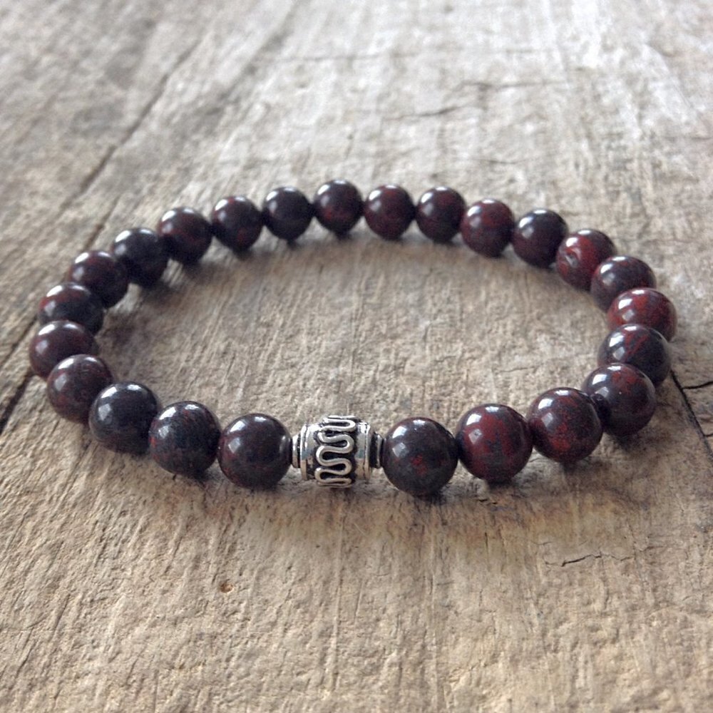Men's Burgundy Jasper Gemstone Bracelet with Sterling Silver Accent - 8mm Beads